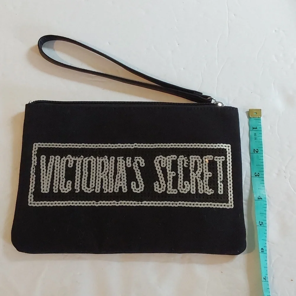 Victoria's Secret Black Silver Sequin Zip pouch Wristlet